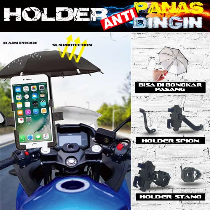 BISA DILEPAS/PASANG holder hp handphone motor stang plus payung 2 in 1 anti hujan/panas/ anti silau matahari