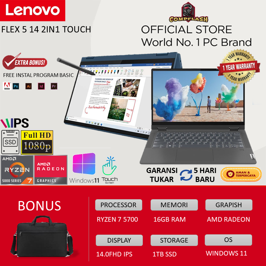 LAPTOP LENOVO FLEX 5 14 2IN1 TOUCH RYZEN 7 5700 16GB 1TBSSD VEGA8 WINDOWS 11 14.0FHD IPS