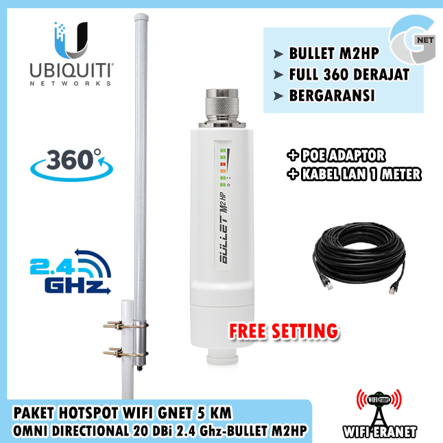 Paket HOTSPOT WIFI GNET Antena hi gain omni directional 20 dbi 2.4 Ghz - bullet m2hp