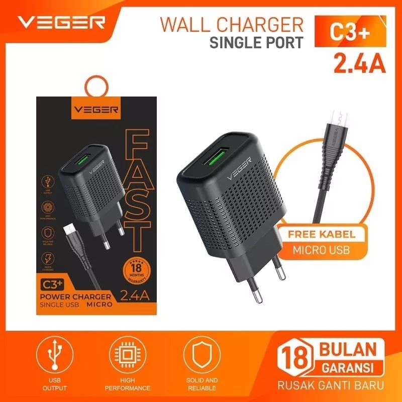 ❗NEW❗Wall Charger VEGER C3+ 1 Port USB Output 2.4A For Type C / Micro USB.  ORIGINAL CITY AKSESORIS FOR  ANDROID