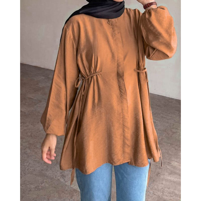 ALBINA BLOUSE POLO LINEN - KEMEJA TUNIK TALI KERUT PINGGANG - ATASAN WANITA MUSLIM - KEMEJA BLOUSE WANITA