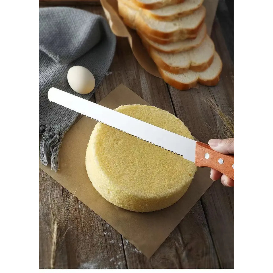 Pisau Roti Gerigi Kue Cake Keju Gagang Kayu Panjang Bahan Stainless Steel Serrated Cake Knife Bread Cheese Cutter Serbaguna TERLARIS TERMURAH