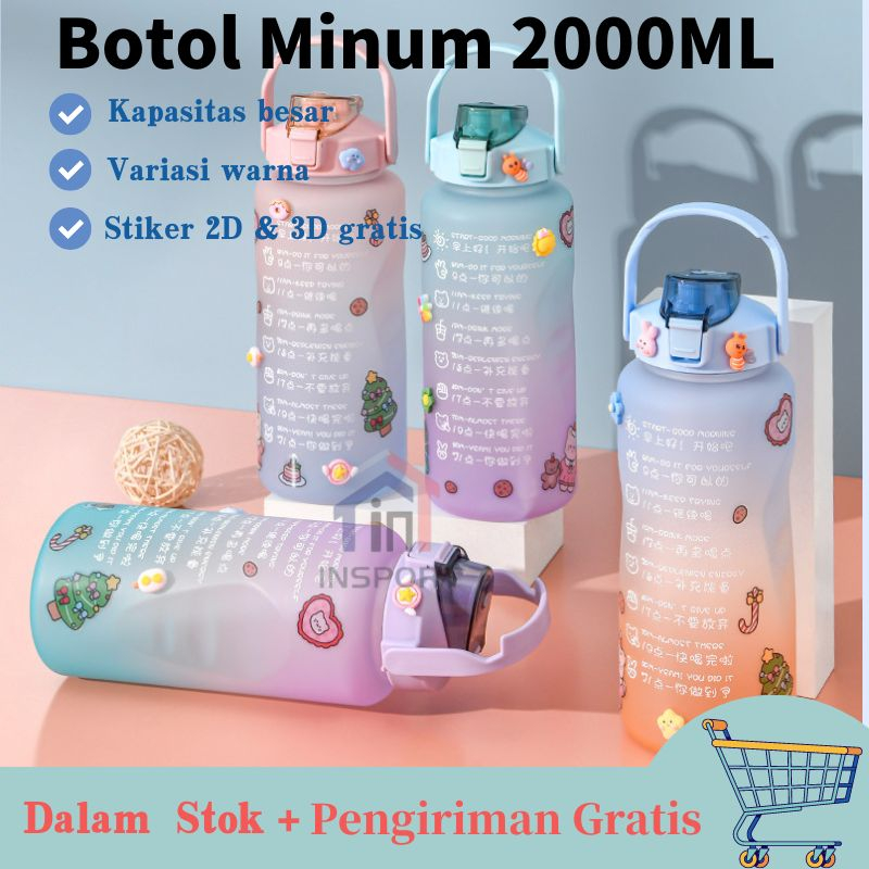 【COD】2000ML Botol Air Minum Motivasi Bening Bpa Free Kapasitas 2L