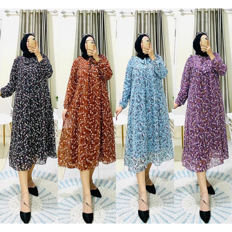 BISA [COD] Gamis Midi Dress/Gamis Motif Bunga Midi Dress