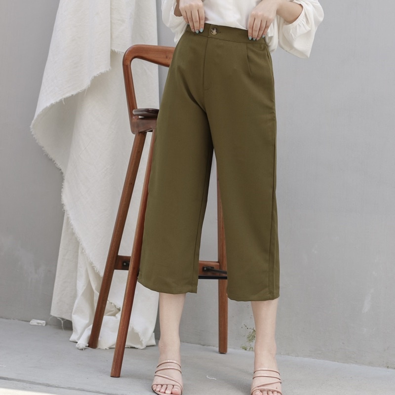 Milen Midi Celana Kulot Wanita Highwaist Culotte Pants Bahan Crinkle - Celana Pendek Wanita