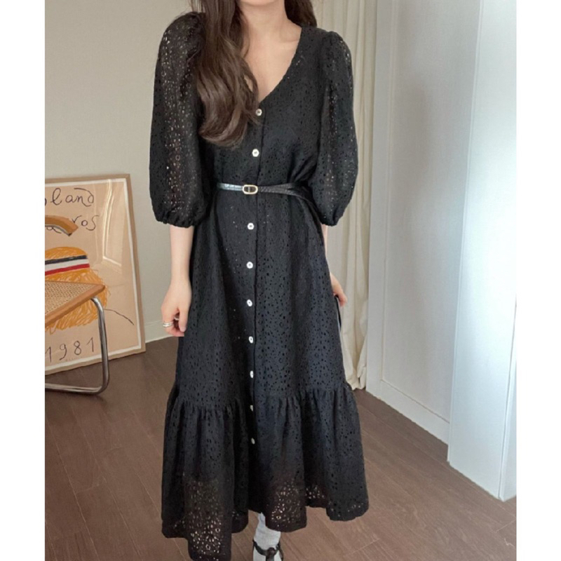 Jaehwa Dress Brocade Korean Casual Simple Sweet Holiday Midi White Black Gaun Cantik Manis V Neck Hi