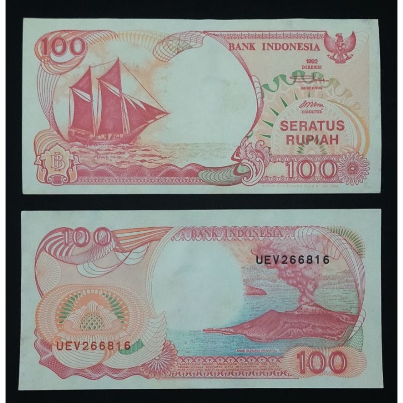 Uang Kuno 100 Rupiah Tahun 1992 Perahu Pinisi Kondisi Baru UNC Gress Seri Urut
