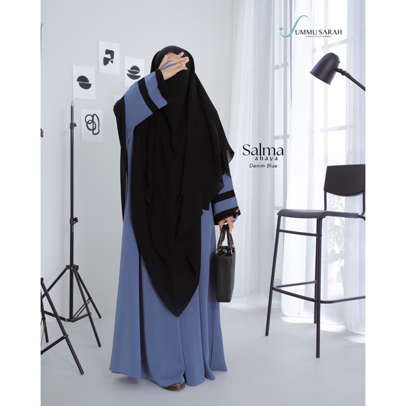 UMMU SARAH-Salma Abaya + Khimar warna Denim Blue