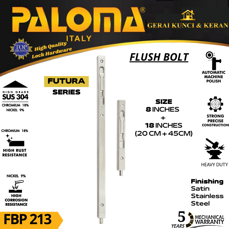 PALOMA FBP 213 SLOT PINTU GRENDEL TANAM 8 + 18 INCH (20+45CM) FLUSH BOLT STAINLESS SUS 304