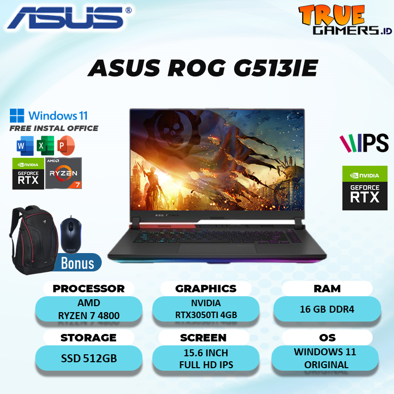 Laptop Gaming Asus Rog G513ie RTX3050TI 4GB ryzen 7 4800 16gb 512gbssd win11 15,6fhd ips