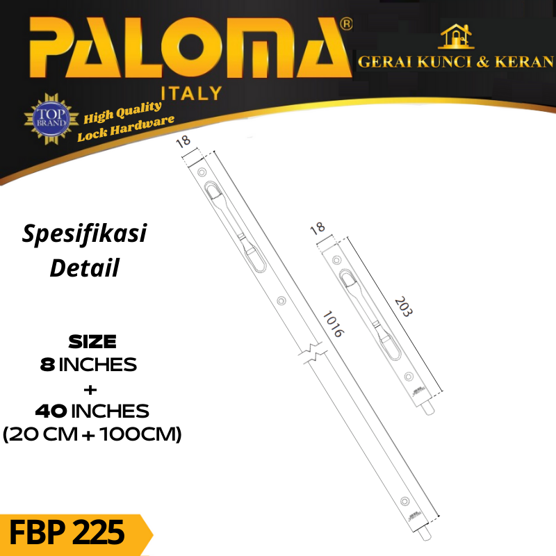 PALOMA FBP 225 GRENDEL TANAM FLUSH BOLT FUTURA 8+40 INCH ( 20+100CM) HITAM MATTE BLACK