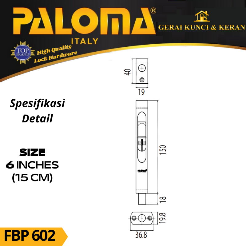 PALOMA FBP 602 Flush Bolt  SABRINA 6 INCH (15CM) Grendel Tanam Slot Pintu