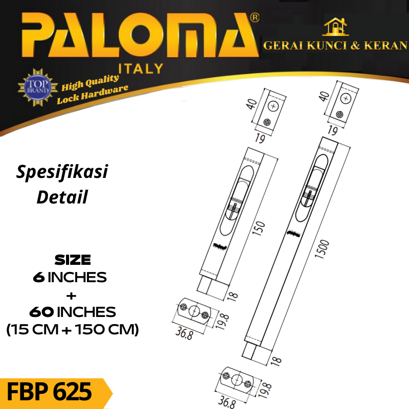 PALOMA FBP 625 SLOT PINTU GRENDEL TANAM 6+60 INCH ( 15+150CM ) GOLD PB EMAS FLUSH BOLT