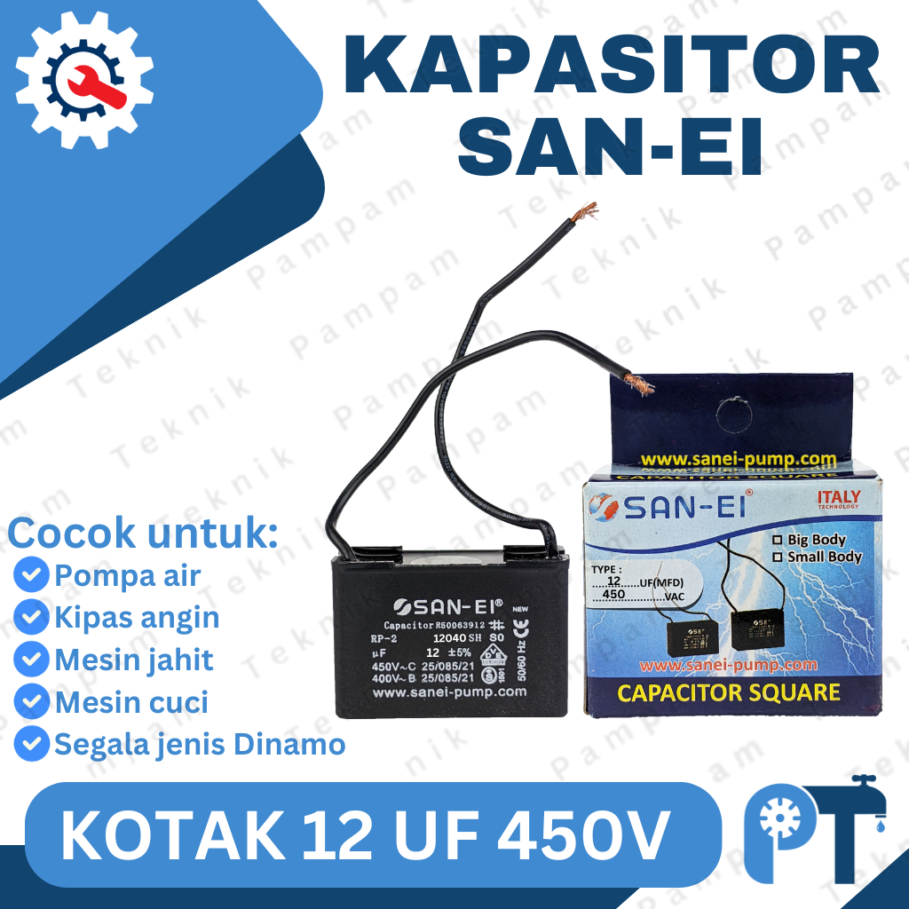 KAPASITOR SANEI 12UF 450V KOTAK ORIGINAL / CAPACITOR SAN EI 12 UF 450 V PETAK / KAPACITOR SE 12 MIKR