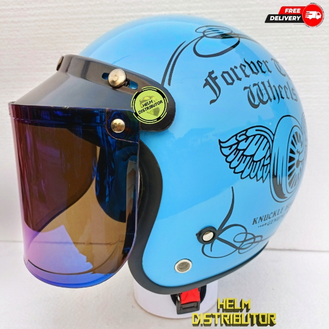 HELM BOGO DEWASA FULL LEHER MOTIF TWO WILLS KACA DATAR &amp; KACA CEMBUNG HITAM,BENING,BLUE,GOLD