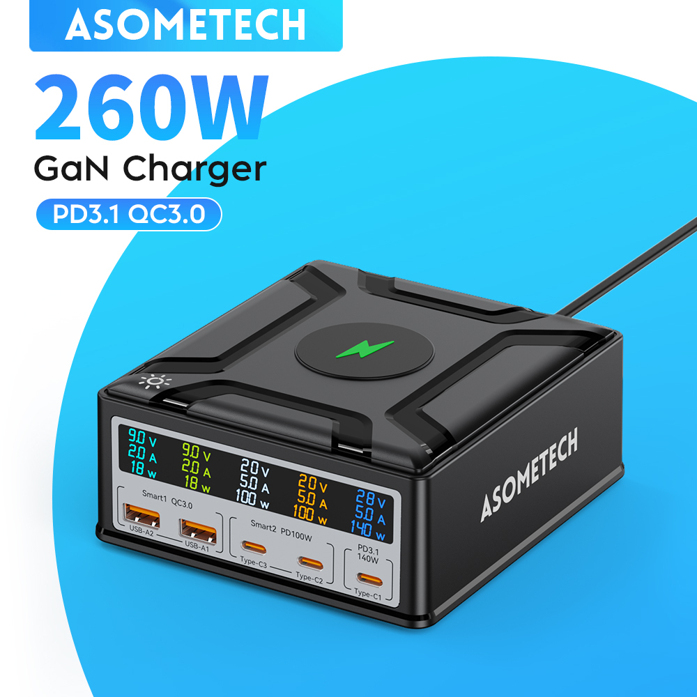 ASOMETECH 260W GaN Charger 6in1 Type C PD 3.1 Super Fast Charging - EU Plug + Cable