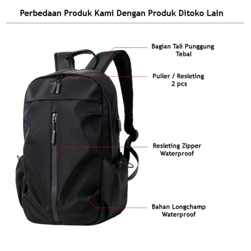 Tas Ransel Laptop Kerja Sekolah Pria Anti Air Bahan Longcham Premium Stylish Fashionable