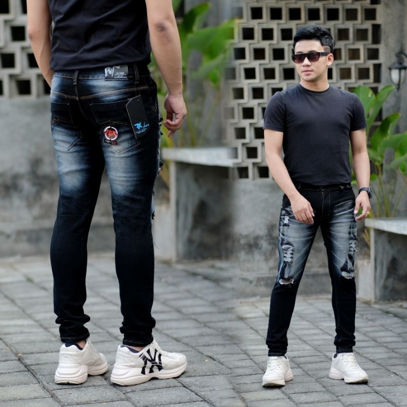 Celana Jeans Sobek Lutut Robek Ripped Hitam Destroy Premium panjang stretch panjang Cowok Celana Den