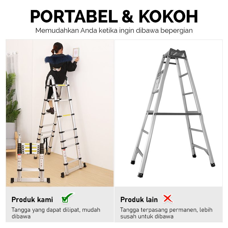 Tangga Lipat Aluminium 4.4m 15 Steps Tangga Teleskopik 4.4m Paduan Aluminium Berkualitas Tinggi Tidak Berkarat Tangga Lipat Multifungsi V5B1 Megahomedecor