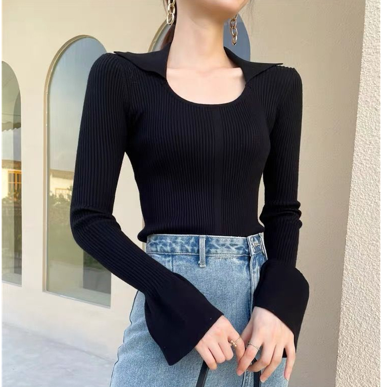 Rajut Atasan Wanita Blouse Crewneck Puff Lengan Panjang Casual Top