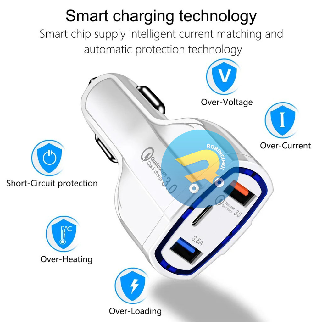 Charger Mobil Triple Port Quick Charger Type C dan Usb Qc 3.0 3.5A  / Adaptor Mobil / Car Charger / Colokan Mobil / Fast Charging / Adapter Mobil - Adaptor mobil Type C - Car Charger Type C - Colokan Mobil Type C - Adapter Mobil Type C