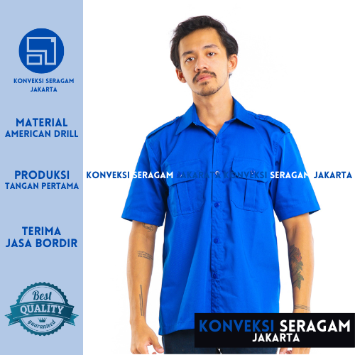 Baju Kemeja PDL Lengan Pendek Seragam Kerja Dinas Lapangan Outdoor Outdor Gunung Komunitas Custom Bordir Biru Pria Wanita