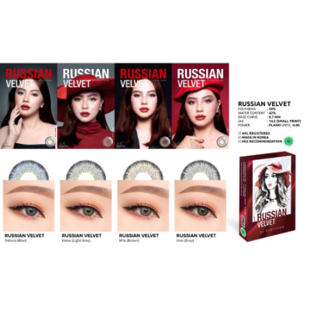 Paket Softlens Russian Velvet Normal Dia 14,5mm + Air Softlens Ice 150ml + Pinset + Lenscase