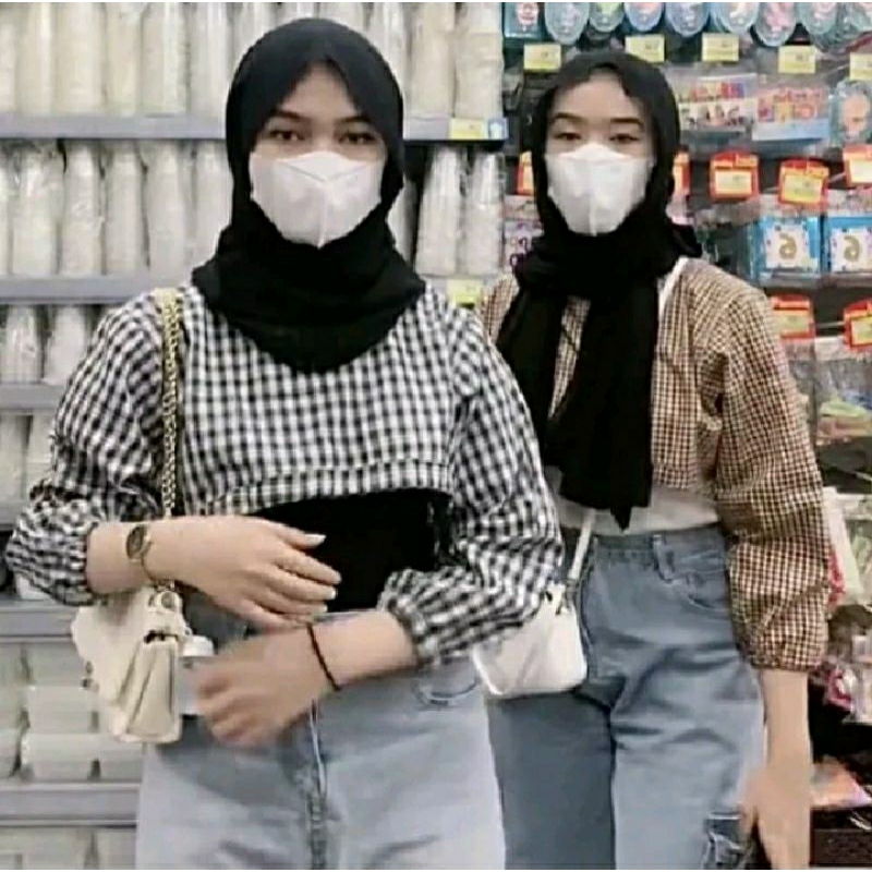 BECHARA TOP CROP KOREAN STYLE MOTIF TARTAN // KEMEJA TOP CROP