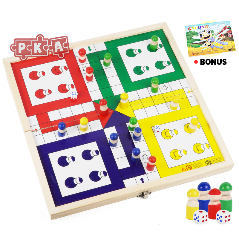 Papan Permainan Ludo Kayu Pinus Lipat untuk Keluarga dan Anak, Dilengkapi Dadu dan Pin Warna-Warni