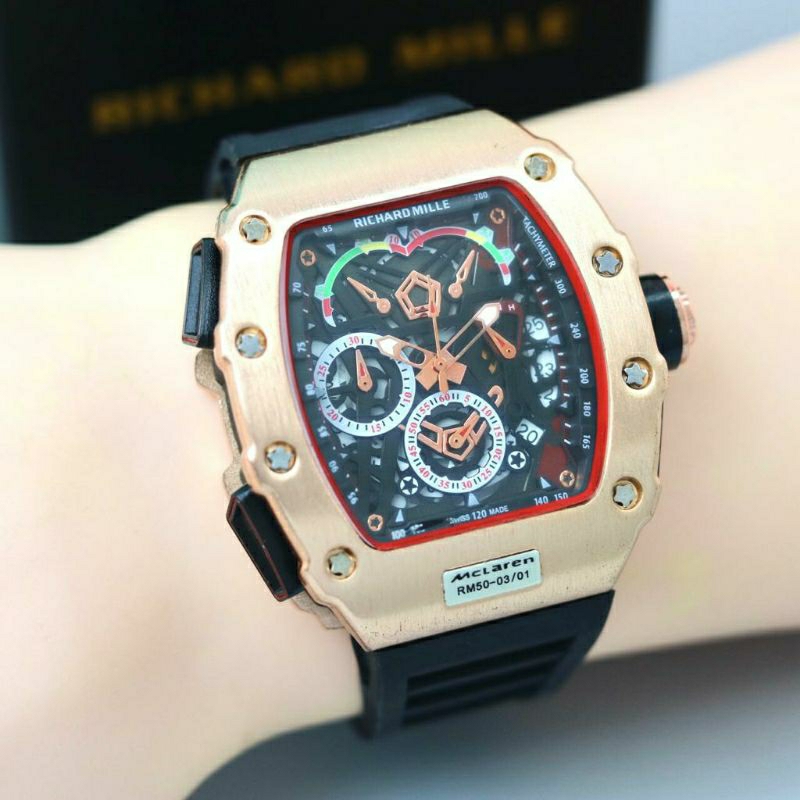 Jam Tangan Pria RM Richard Mile Crono Aktif Body Rosse Gold Tali Hitam - Jam Tangan Pria