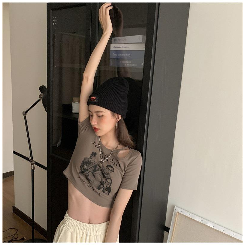 RSB BJ395 Korean Crop Top Asian Scun Atasan Lengan Pendek Kaos Berongga Sexy