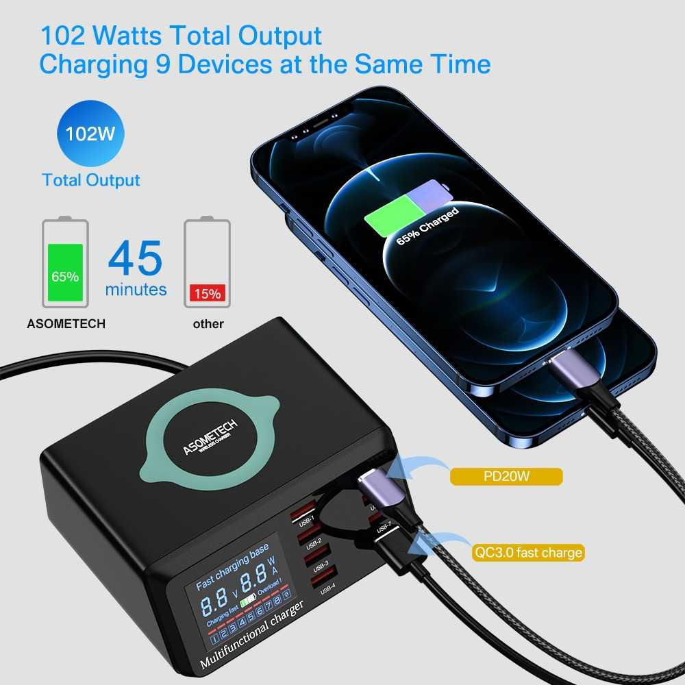 Charging Station USB Dock Quick Wireless Charge 8 Port 100W Multi Port Tampilan LCD Kompatibel Perangkat