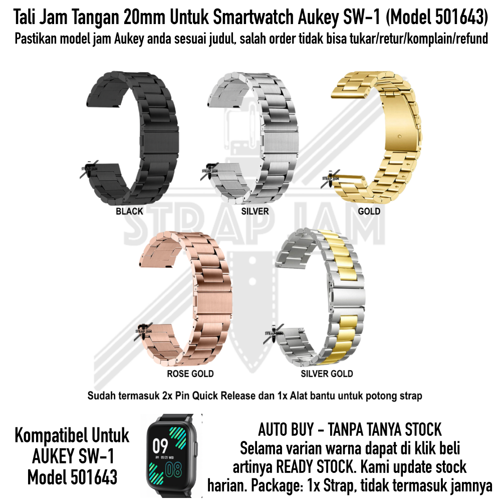 Stainless Steel Strap Aukey SW-1 SW1 501643 - Tali Jam Tangan 20mm Metal