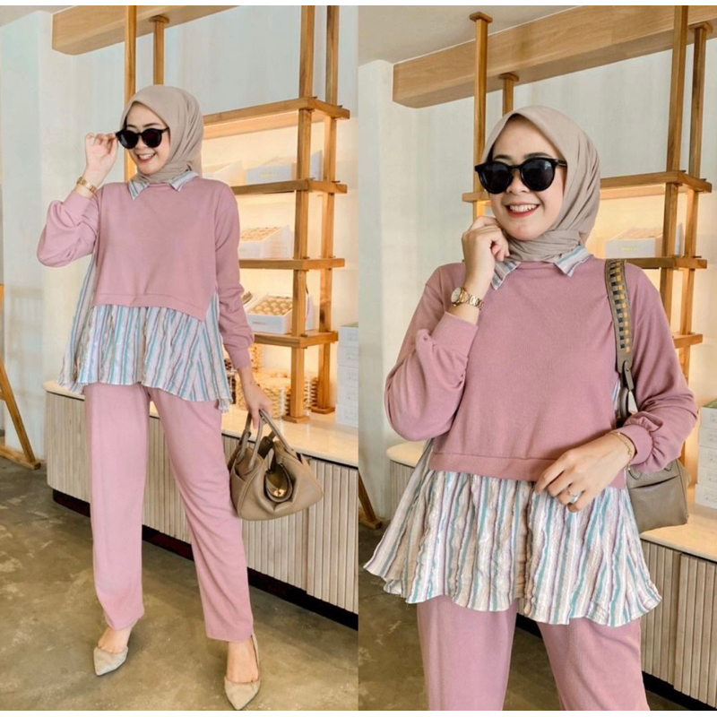 setelan salur kombinasi kaos knit setcel wanita kaos knit