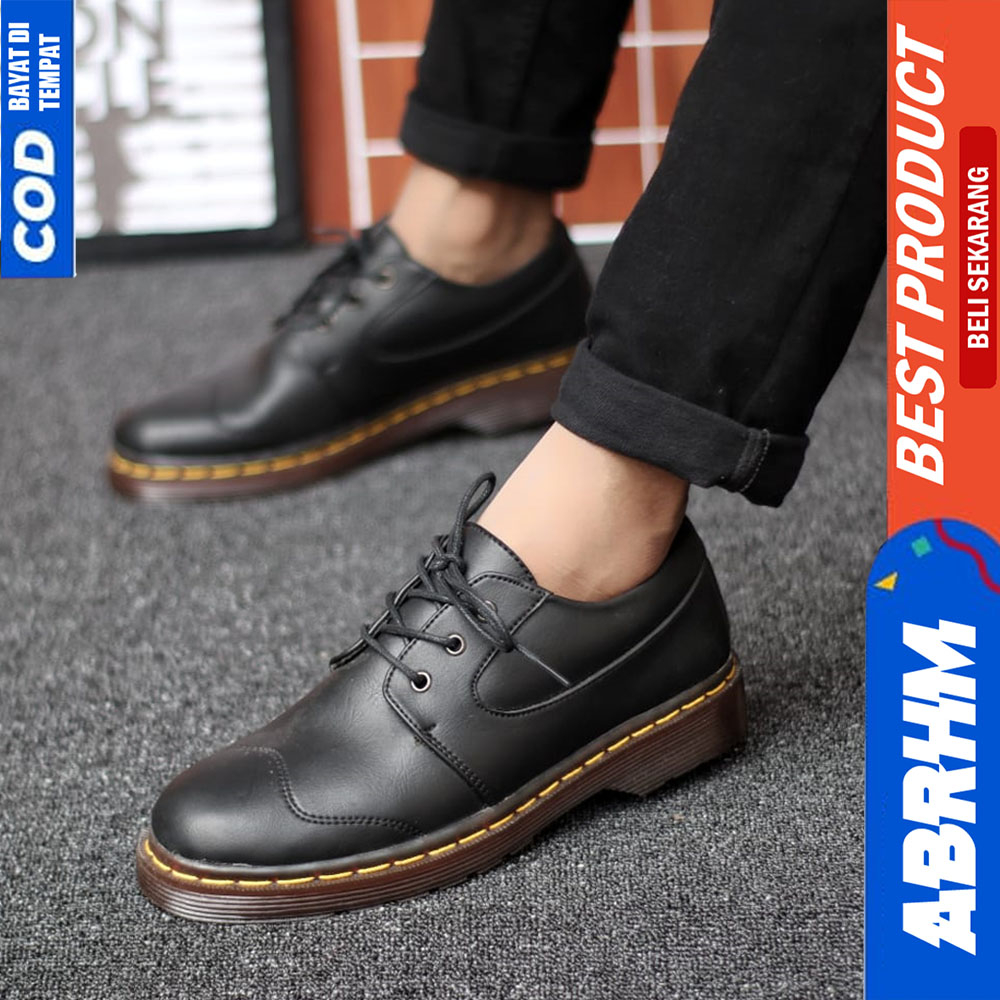 ABRHM Sepatu Docmart Pria Casual Kulit Formal Kerja Pria Hitam Akari