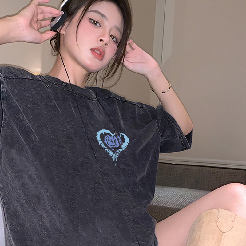 baju oversize kekinian lengan pendek cartoon motif Heart printed kaos hitam import baju atasan wanita terbaru