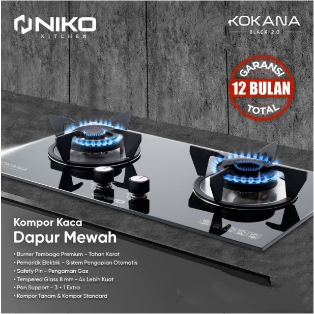 NIKO Kompor Gas Tanam Tempered Glass Kaca 2 Tungku KOKANA Black 2.0