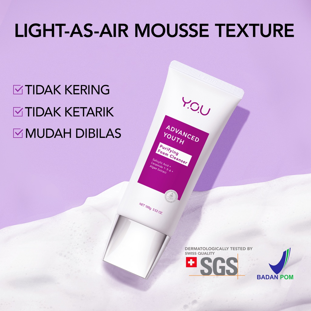 YOU Advanced Youth Purifying Foam Cleanser Indonesia / Pembersih Wajah 100g / Salicylic Acid + Ceramide 1-3-6 + Algae Extract / Mengurangi Minyak Eksfoliator / Sabun Cuci Muka / Anti Aging Penuaan Dini Garis Halus Keriput / Skincare Face Care Y.O.U Series