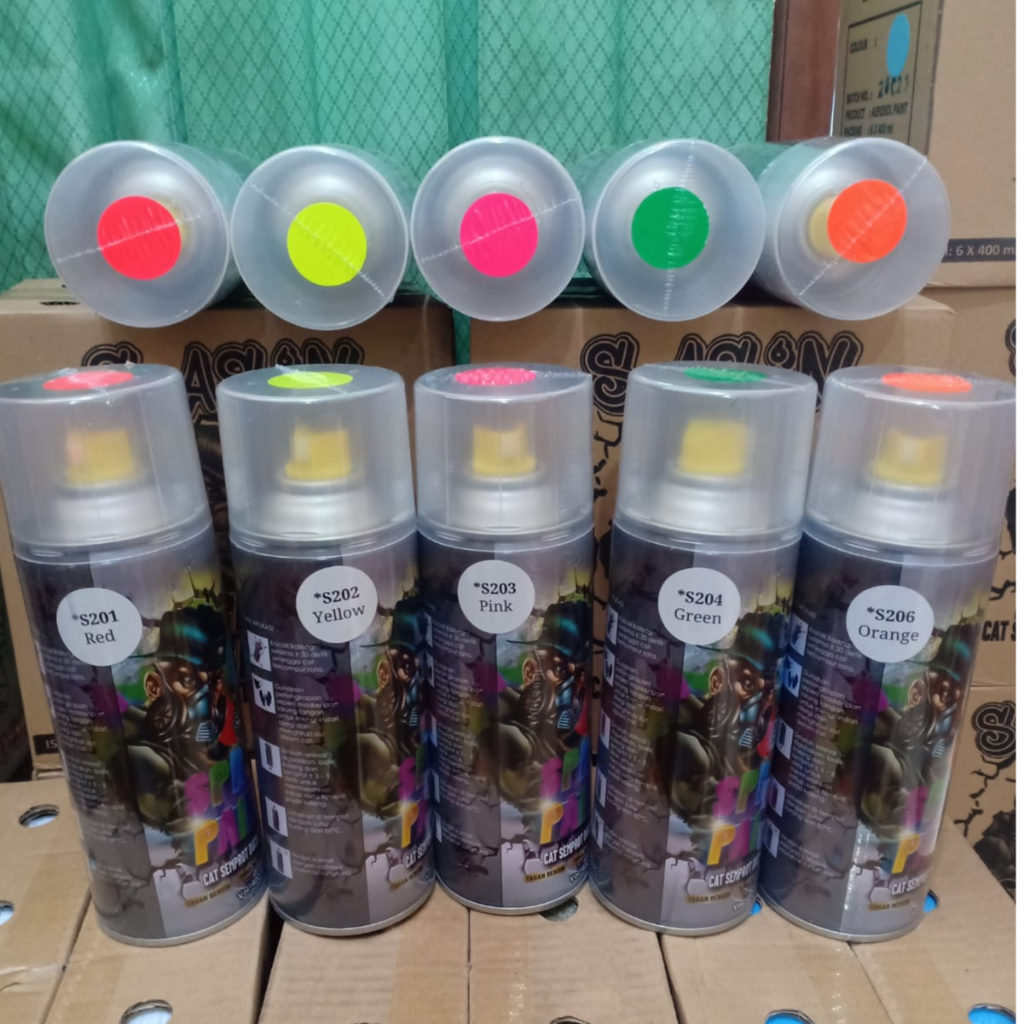 Pilok Pilox SASIN Spray Paint Cat Semprot Duco Terbaik Varian Warna Stabilo Fluorescent Red Yellow Pink Green Blue dan Orange (400ml / 400cc-BESAR)