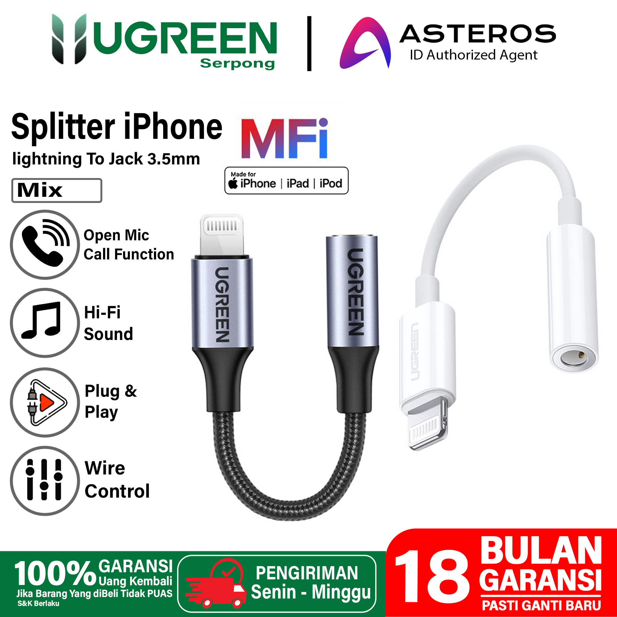 UGREEN Converter Splitter iPhone Mfi Lightning To Jack 3.5Mm Original