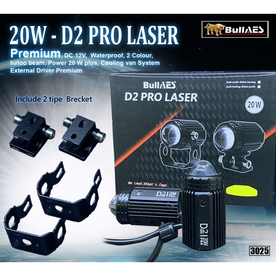 Lampu Tembak Super Terang LED Laser D2 PLUS Hi Loo 20 Watt Laser Output BULLAES UNTUK MOBIL ATAU MOTOR