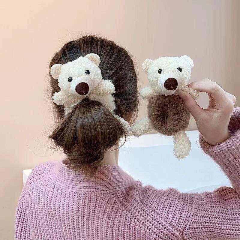 Ikat Rambut Scrunchie Bulu Korea Plush Bear Fluffy Faux Fur Ball Scrunchies Ikat Rambut Korea Boneka Beruang