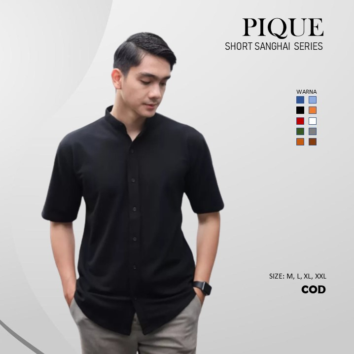 Kemeja Sanghai Pendek Laqoste Pique Hitam Putih Coral Coklat Army Size M L XL XXL