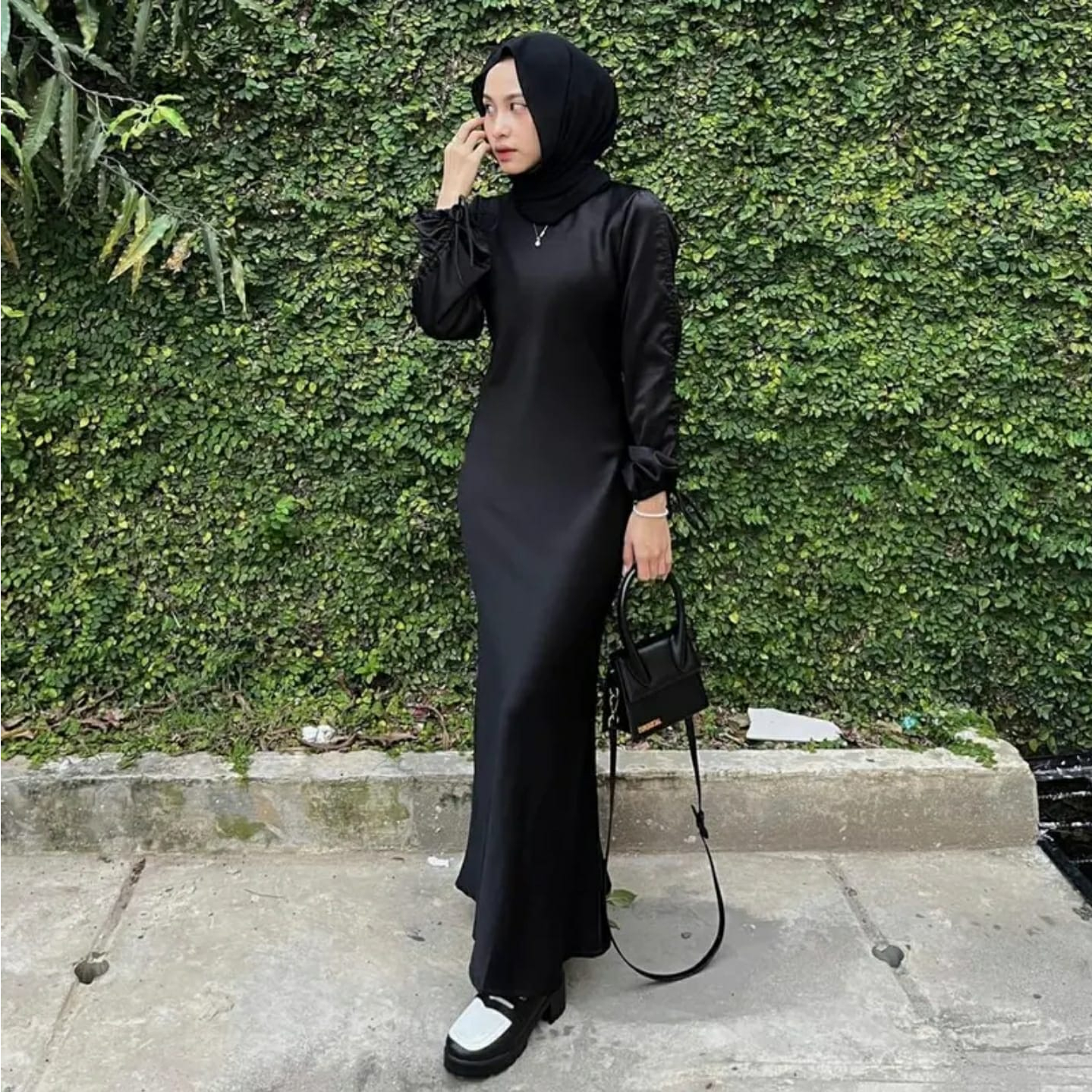 Jeny Dress Mermaid Lengan Serut Satin Silk Premium Gamis Duyung Terbaru Kekinian