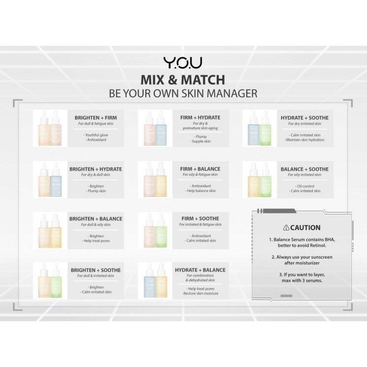 YOU Skin Energy Facial Serum Indonesia / Serum Wajah 20ml / Brighten Balance Hydrate Soothe Firm / Symwhite 377 + Tangerine / BHA + Calendula / Hymagic-4D + Myrothamnus / Symcalmin + Purslane / Ectoin + Camellia / Skincare Face Care Essence / Y.O.U Series