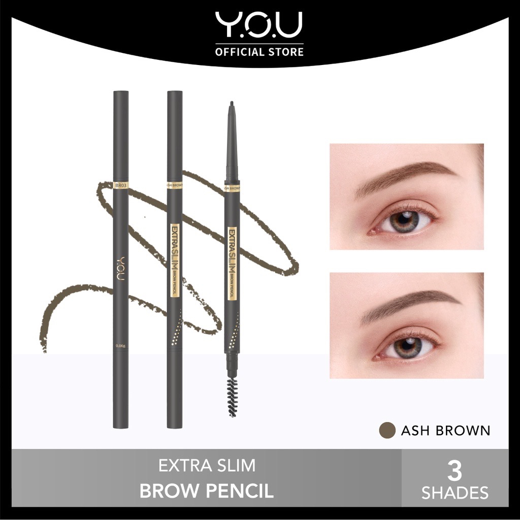 YOU Extra Slim Eyebrow Pencil Indonesia / Pensil Alis 0.06g / 1.5mm Tip Dual-End Brow Pencil / Camellia Extract Fluffy Effect / Long Lasting Waterproof Tahan Lama Anti Air / Dark Brown Chocolate Ash Brown Black Coklat / Cosmetic Eye Make Up / Y.O.U Series