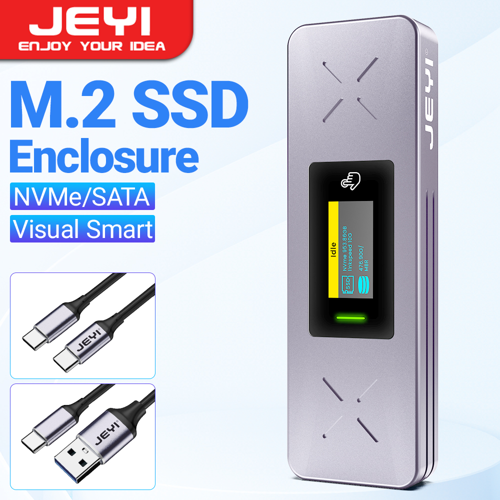 JEYI Visual Smart Dual Protocol M.2 NVMe / SATA SSD Enclosure, USB 3.2 Gen 2 10Gbps, External M2 Adapter Case Support M-Key B+M Key UASP Trim