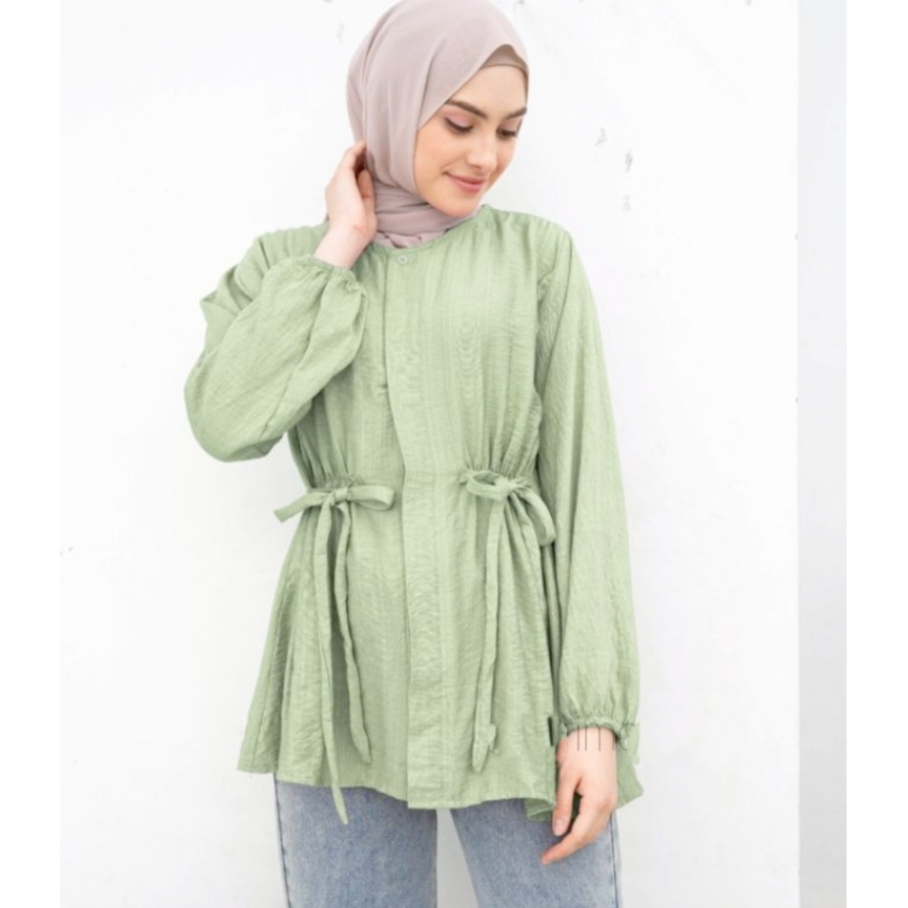 Serena Blouse Polo Linen - Kemeja Tunik Tali Kerut Pinggang - Atasan Wanita Muslim - Kemeja Blouse Wanita