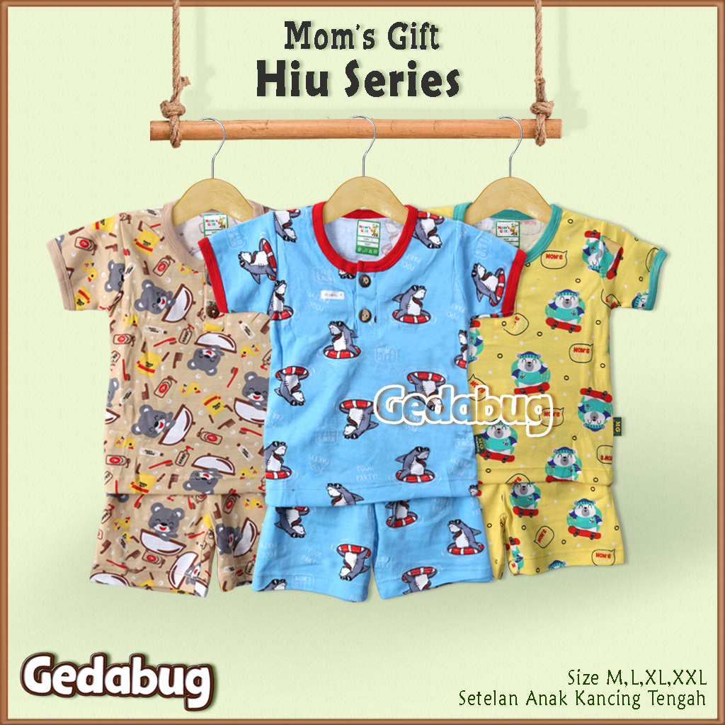 3 Setel - Setelan Anak Pendek Mom's Gift HIU Series | Setelan Kaos anak Kancing Depan Moms Gift | Gedabug