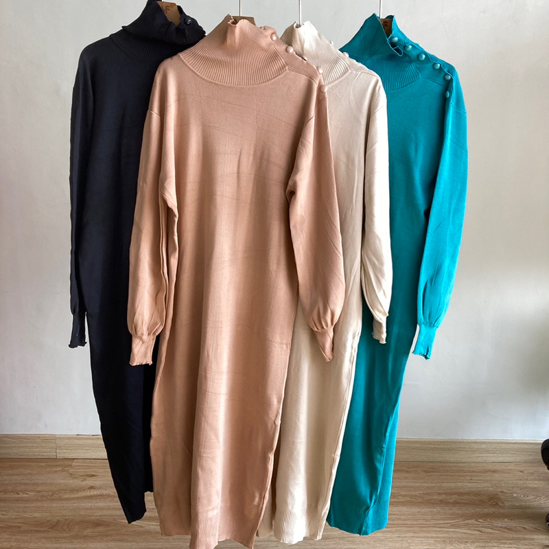 Janessa Knit Dress Turtleneck Button / Baju Gamis Wanita Rajut Kancing